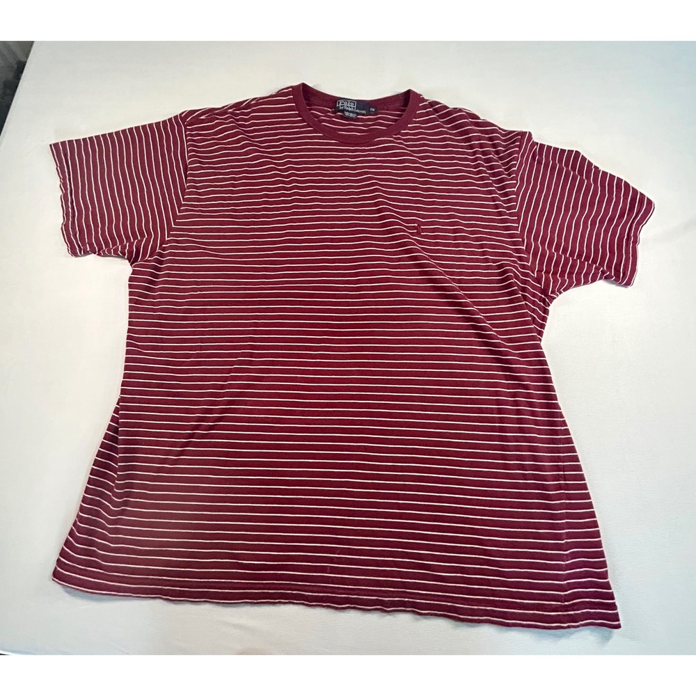 Polo Ralph Lauren Mens XXL Striped T-Shirt Burgundy White Cotton Short Sleeve
